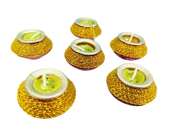 Decorative Yellow Fancy Clay Matki Diya Candle(Set of - 6)