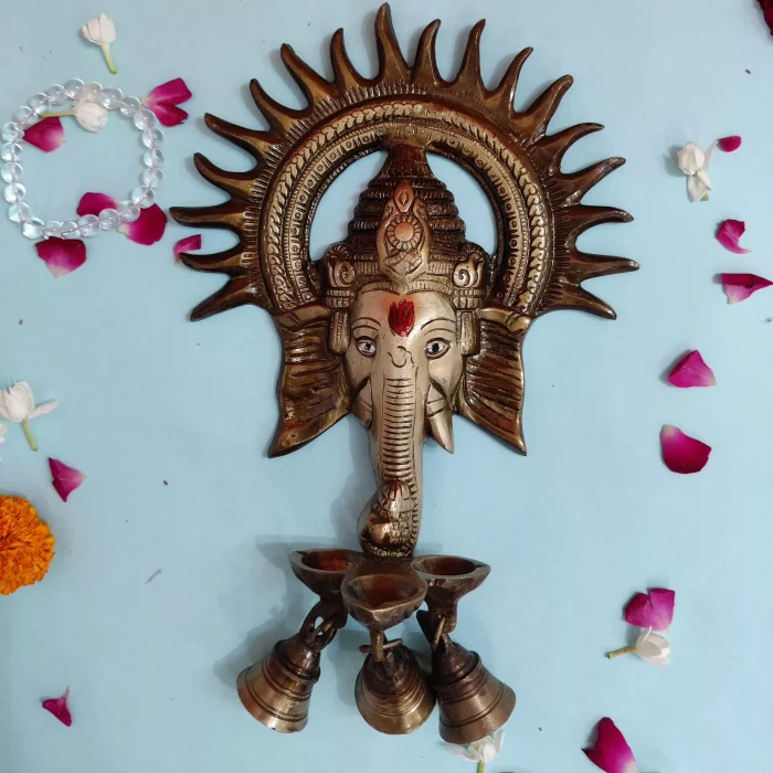 Antique Ganesha Wall Hanging With Deepak & Bell(12 Inch Approx)