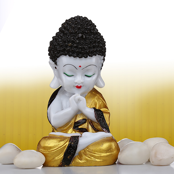 Baby Monk Buddha  Showpiece for Home Decor (Golden & Black) Marble – 8 Inch