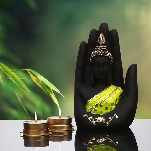 Palm Buddha Showpiece for Home Decor (Green & Black) Polyresin – 7 Inch