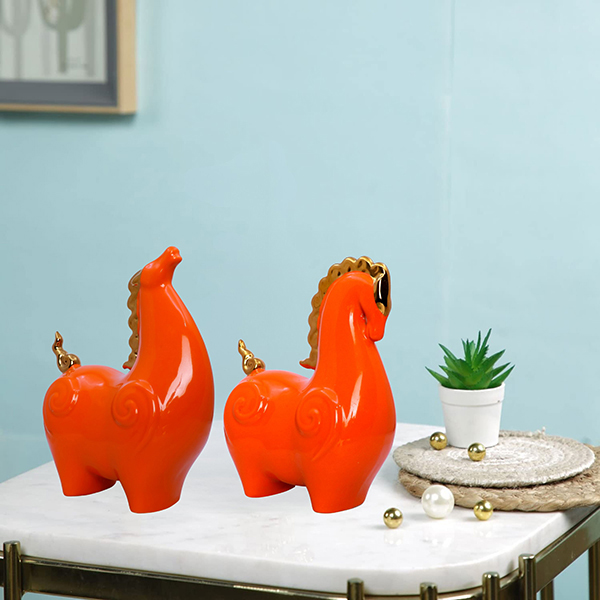 Orange Decorative Horse Pair – Polyresin Art Figurines -Set of 2 (H- 21.5 & 20 cm)