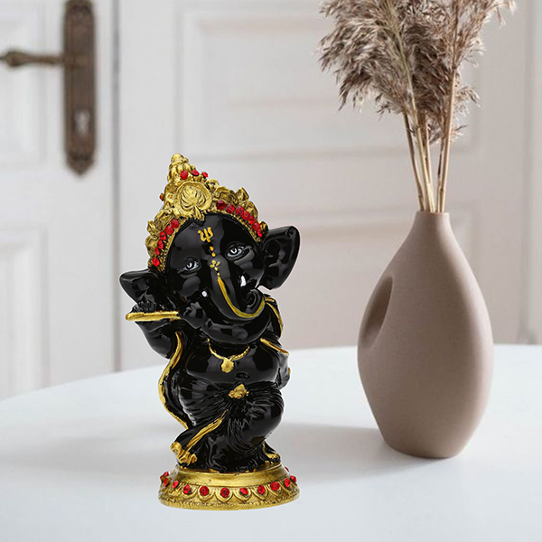 Musician Playing Flute Ganesha Idol Showpiece for Home Decor (Black) Polyresin – 5.5 Inch