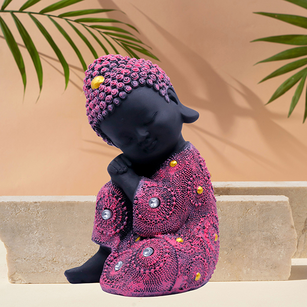 Baby Monk Buddha  Showpiece for Home Decor (Pink & Black) Polyresin – 7 Inch