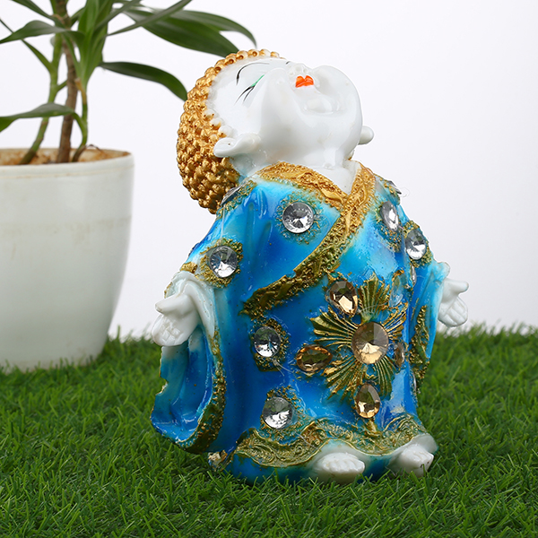 Baby Monk Buddha  Showpiece for Home Decor (Blue & Golden) Marble – 7 Inch