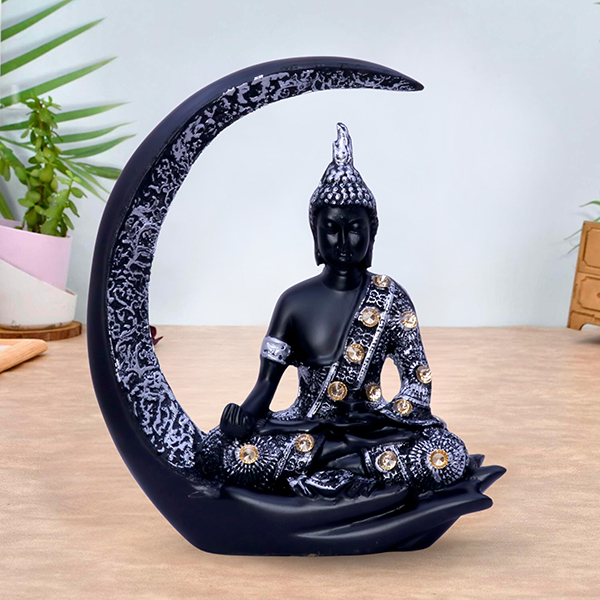 Moon Buddha Idol Showpiece for Home Decor (Black & Silver) Polyresin – 8 Inch