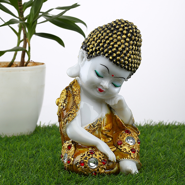 Baby Monk Buddha  Showpiece for Home Decor (Golden & White) Marble – 7 Inch