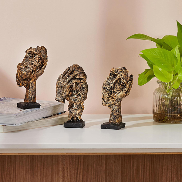 Antique Human Face Showpiece for Home Decor, Set of 3 (Antique Gold) Polyresin – 6 Inch