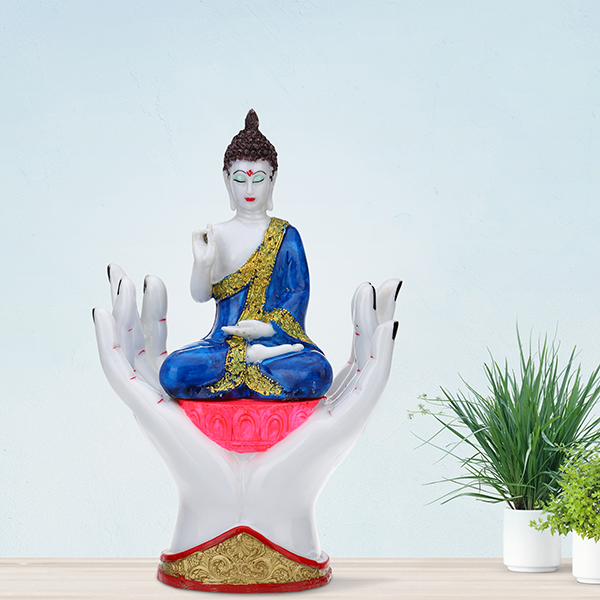Double Hand Buddha Idol Showpiece for Home Decor (Blue) Marble – 11 Inch