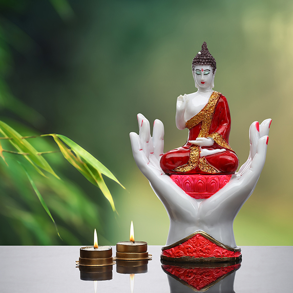 Double Hand Buddha Idol Showpiece for Home Decor (Red) Marble – 11 Inch