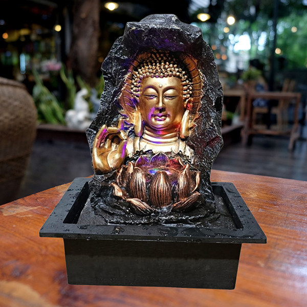Water Fountain Showpiece for Home Decor (Black & Golden) Polyresin – 15 Inch