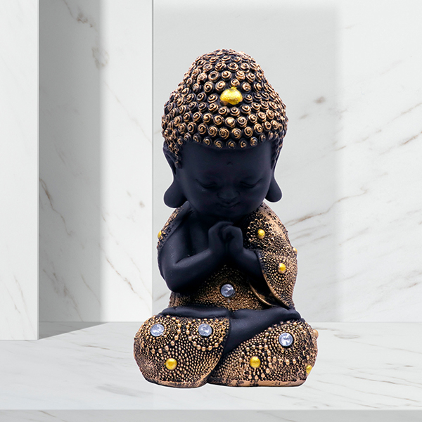 Baby Monk Buddha  Showpiece for Home Decor (Golden & Black) Polyresin – 7 Inch