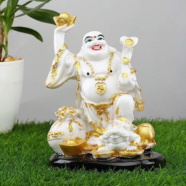 Laughing Buddha Showpiece for Home Decor (White & Gold) Marble – 7.5 Inch