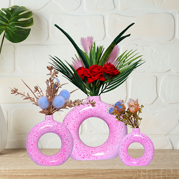 Donut-Shaped Flower Vases for Home Decor, Set of 3 (Pink) Polyresin – 8 Inch