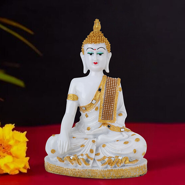 Hand Down Buddha Showpiece for Home Decor (White & Golden) Marble – 10.5 Inch