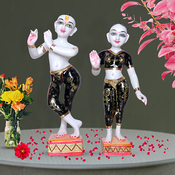 Jugal Jodi Radha & Krishna Idol Showpiece for Home Decor (Black) Golden Foil Work | Marble – 18 Inch
