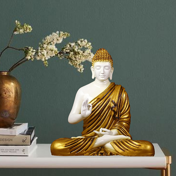 Meditation Big Buddha Showpiece for Home Decor (Golden & White ) Marble – 15 Inch