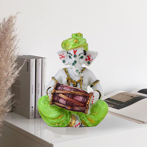 Musician Dholak Ganesha Idol Showpiece (Green) Marble – 4 Inch