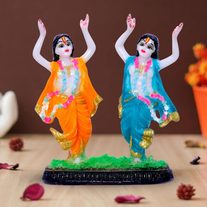 Gaura Nitai Idol Showpiece for Home Decor (Orange & Blue) Marble – 5.5 Inch