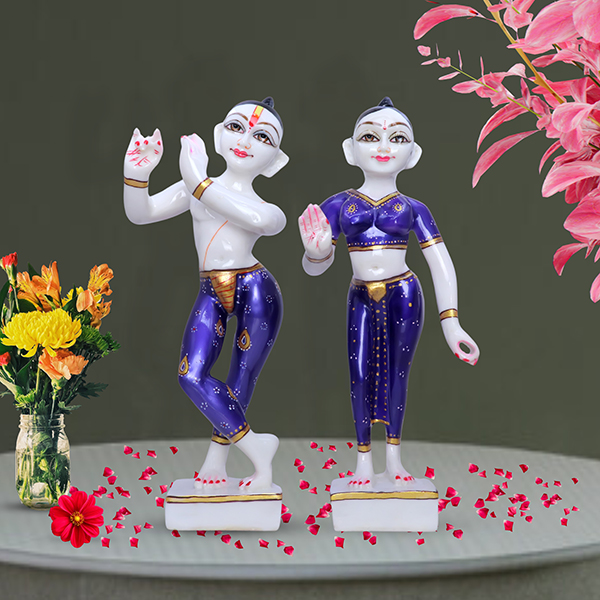 Jugal Jodi Radha & Krishna Idol Showpiece for Home Decor (Blue) Golden Foil Work | Marble – 15 Inch