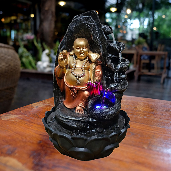 Laughing Buddha Water Fountain Showpiece for Home Decor (Black & Golden) Polyresin – 15 Inch
