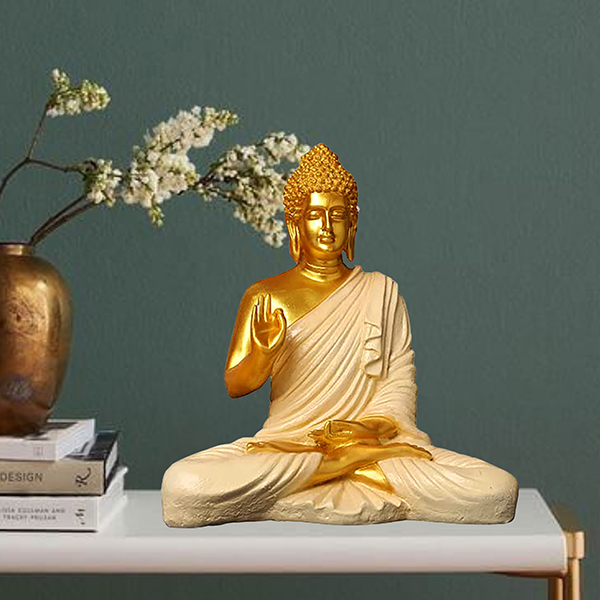 Meditation Big Buddha Showpiece for Home Decor (White & Golden) Polyresin – 15 Inch