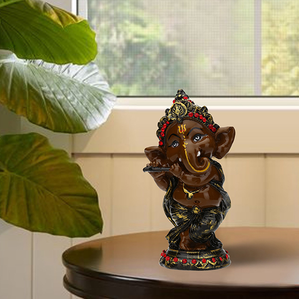 Musician Playing Flute Ganesha Idol Showpiece for Home Decor (Brown) Polyresin – 5.5 Inch