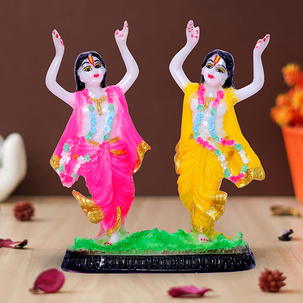 Gaura Nitai Idol Showpiece for Home Decor (Pink & Yellow) Marble – 5.5 Inch