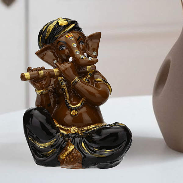 Musician Flute Ganesha Idol Showpiece (Brown & Black) Polyresin – 4 Inch