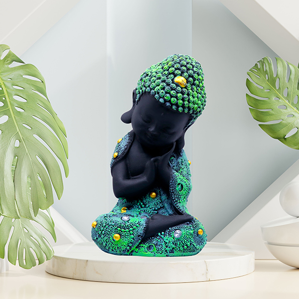 Baby Monk Buddha  Showpiece for Home Decor (Green & Black) Polyresin – 8 Inch