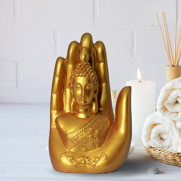 Palm Buddha Showpiece for Home Decor (Golden) Polyresin – 7 Inch