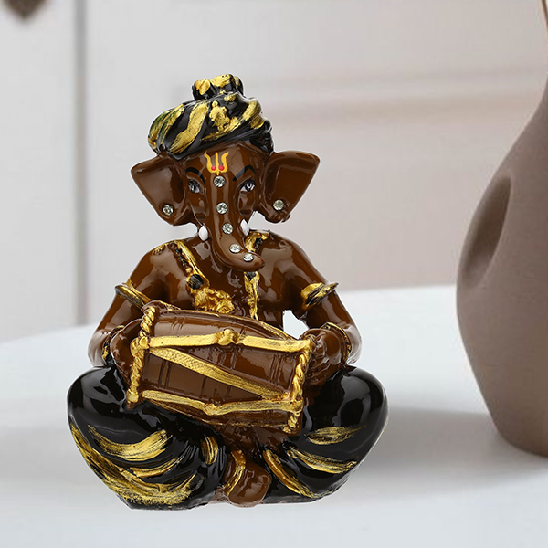 Musician Dholak Ganesha Idol Showpiece (Brown & Black) Polyresin – 4 Inch
