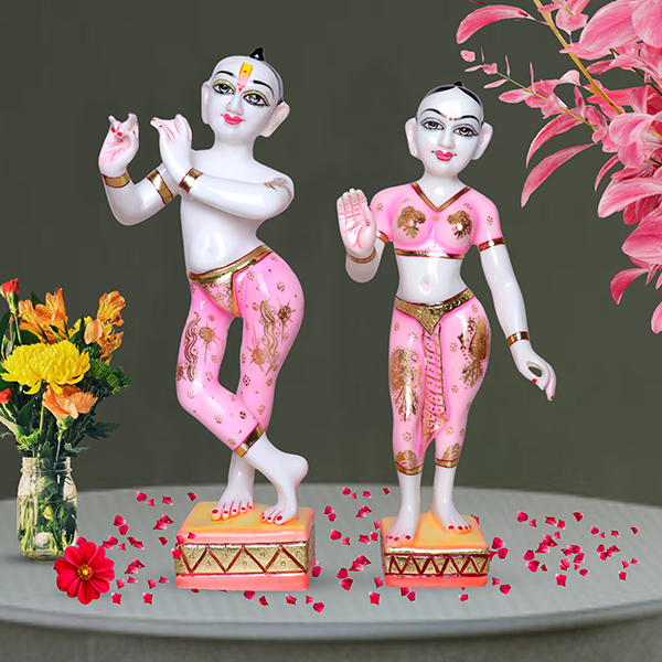 Jugal Jodi Radha & Krishna Idol Showpiece for Home Decor (Pink) Golden Foil | Marble – 18 Inch