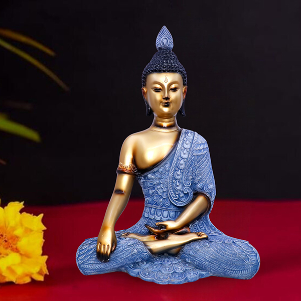 Elegant Blue & Gold Meditating Buddha Statue – 34cm