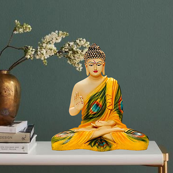 Meditation Big Buddha Showpiece for Home Decor (Yellow Peacock Design) Polyresin – 15 Inch