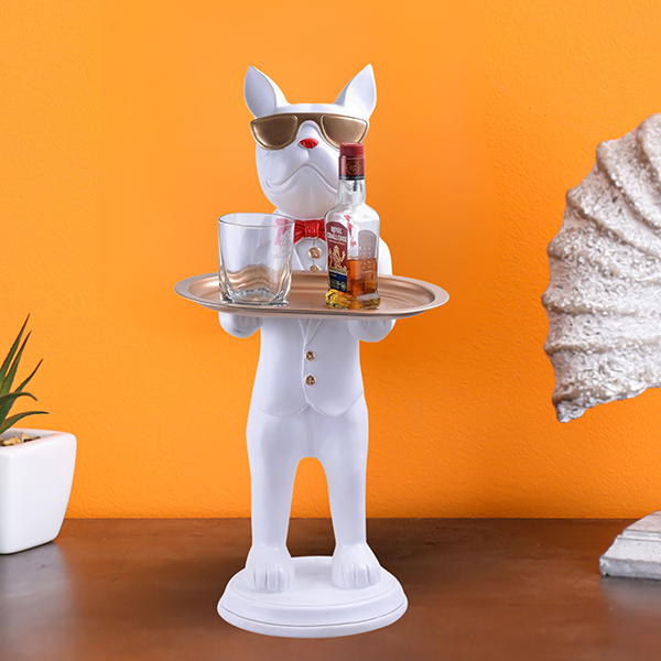 26-Inch White French Bulldog Butler Statue – Luxury Resin Serving Tray