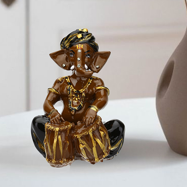 Musician Tabla Ganesha Idol Showpiece (Brown & Black) Polyresin – 4 Inch