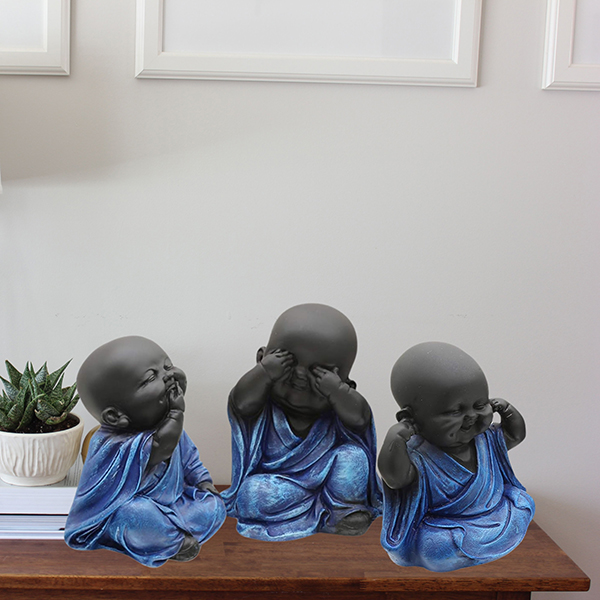 Baby Monk Buddha Idol Showpiece for Home Decor, Set of 3 (Blue & Black) Marble – 5.5 Inch