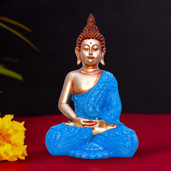 Graceful Blue & Gold Meditating Buddha Statue – 28cm