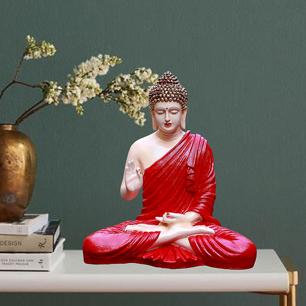 Meditation Big Buddha Showpiece for Home Decor (Red & Cream) Polyresin – 15 Inch