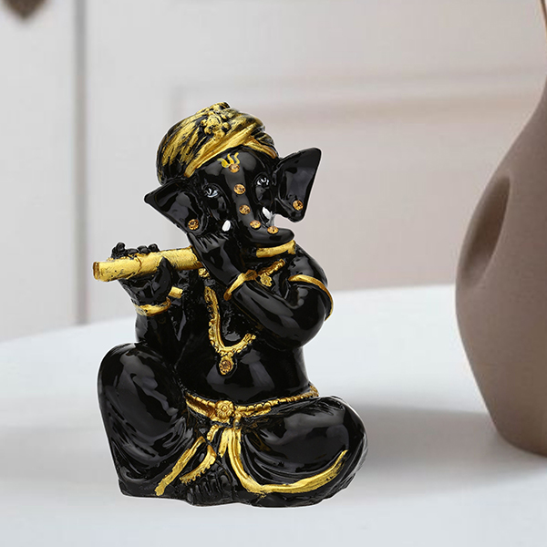 Musician Flute Ganesha Idol Showpiece (Black & Golden) Marble – 4 Inch