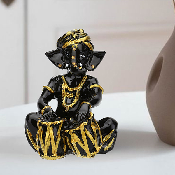 Musician Tabla Ganesha Idol Showpiece (Black & Golden) Polyresin – 4 Inch