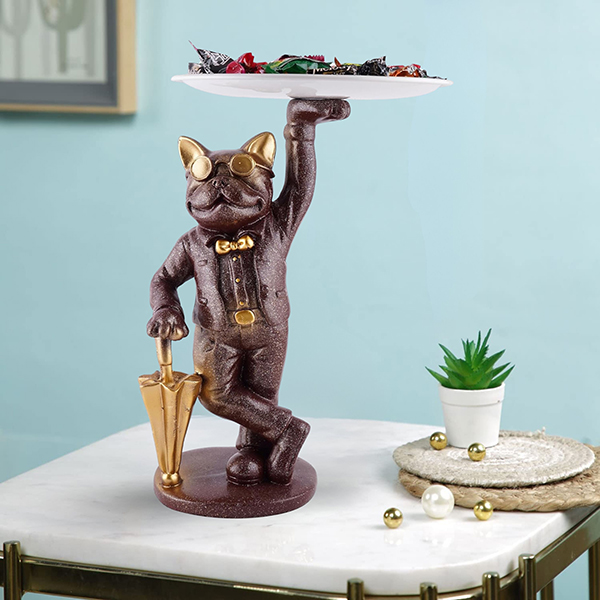 11-Inch Vintage Cat Butler Statue – Resin Decorative Tray with Umbrella