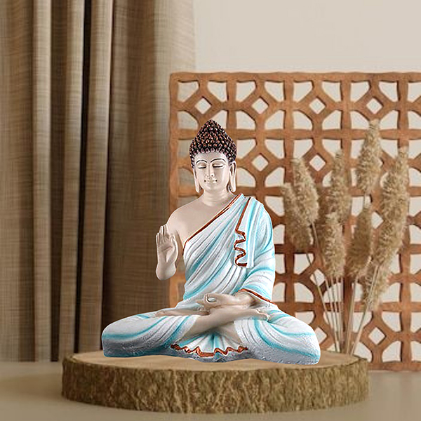 Meditation Big Buddha Showpiece for Home Decor (Blue & Cream) Polyresin – 15 Inch