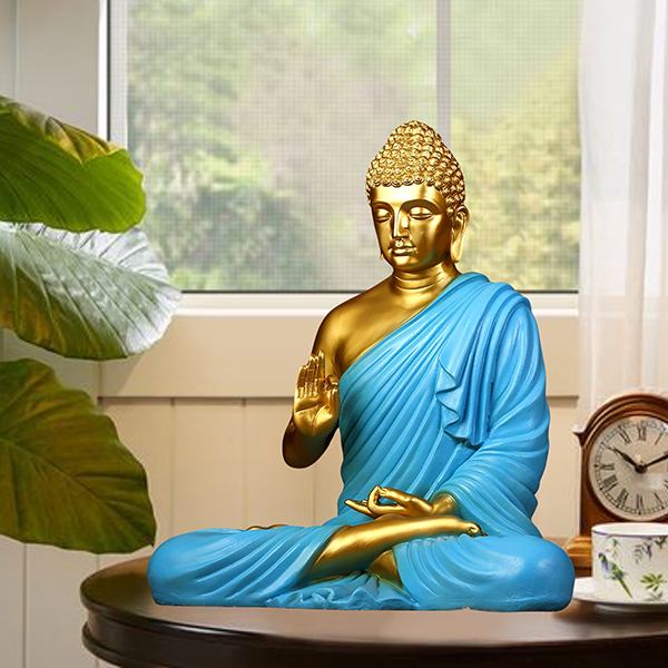 Meditation Big Buddha Showpiece for Home Decor (Blue & Golden) Polyresin – 15 Inch
