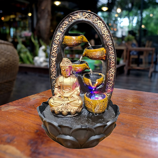 Buddha Water Fountain Showpiece for Home Decor (Brown & Golden) Polyresin – 15 Inch