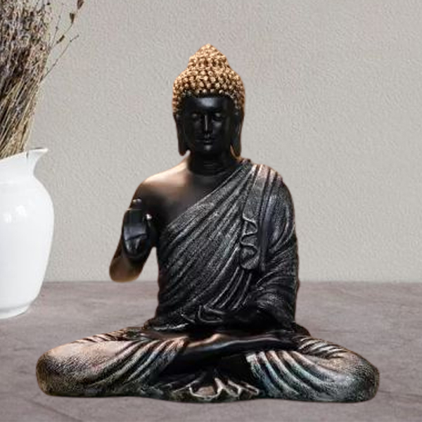 Meditation Big Buddha Showpiece for Home Decor (Black & Silver) Polyresin – 15 Inch