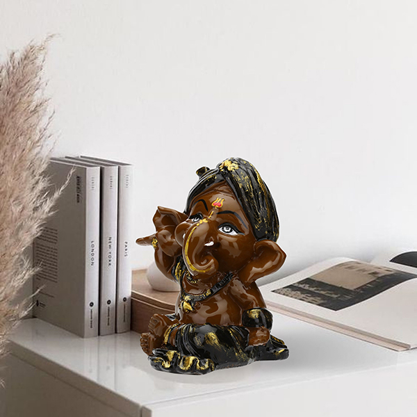 Playing Ganesha Idol Showpiece for Home Decor (Brown) Polyresin – 4 Inch