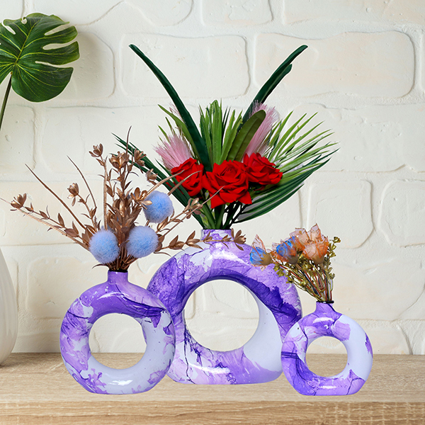 Donut-Shaped Flower Vases for Home Decor, Set of 3 (Purple) Polyresin – 8 Inch