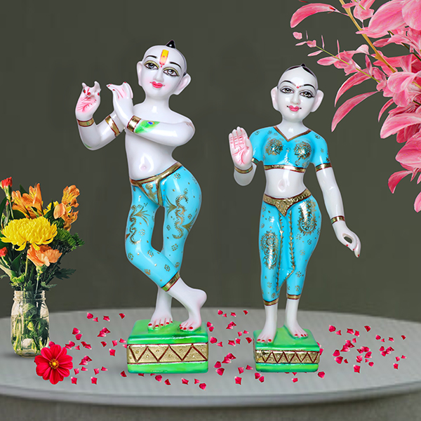Jugal Jodi Radha & Krishna Idol Showpiece for Home Decor (Sky Blue) Golden Foil Work | Marble – 18 Inch