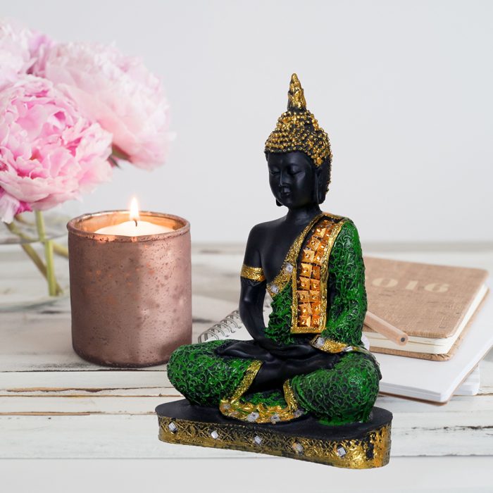 Meditation Buddha Showpiece for Home Decor (Green & Black) Polyresin – 9.5 Inch